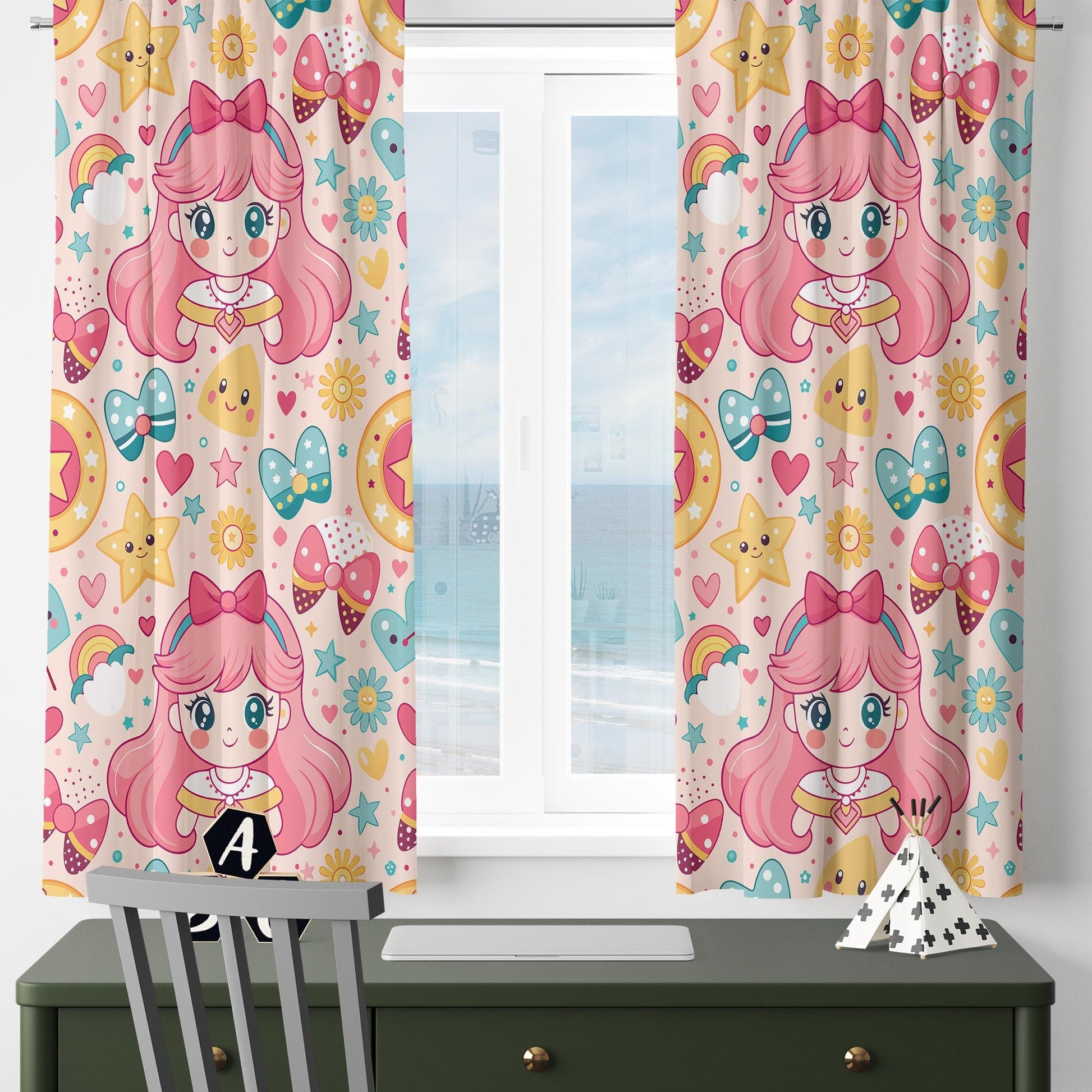 Pink Princess Nursery Curtain for Girls Room - Custom Size Anime Kids Colorful Window Drapes & Kids Room Decor