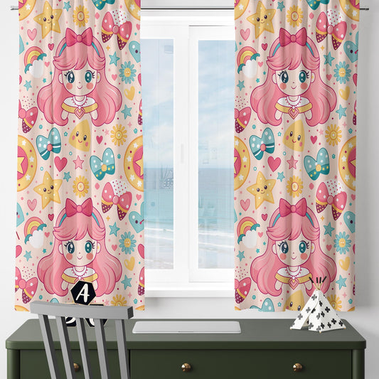 Pink Princess Nursery Curtain for Girls Room - Custom Size Anime Kids Colorful Window Drapes & Kids Room Decor