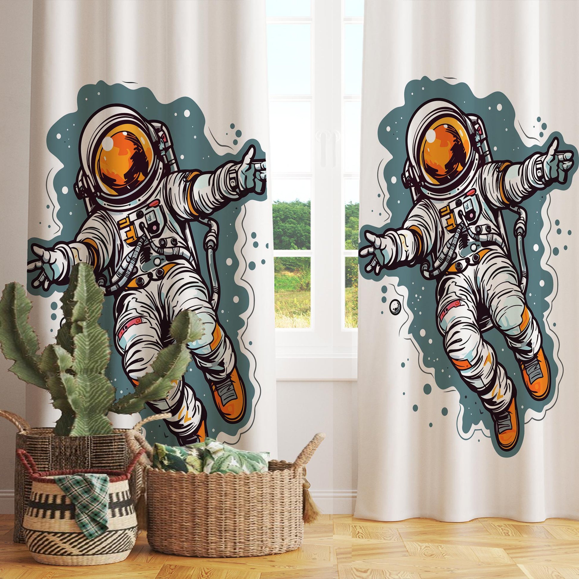 Space Astronaut Theme Curtains Custom Size | Kids Room Decor, Space Explorer Window Drapes, Outer Space Nursery Curtains