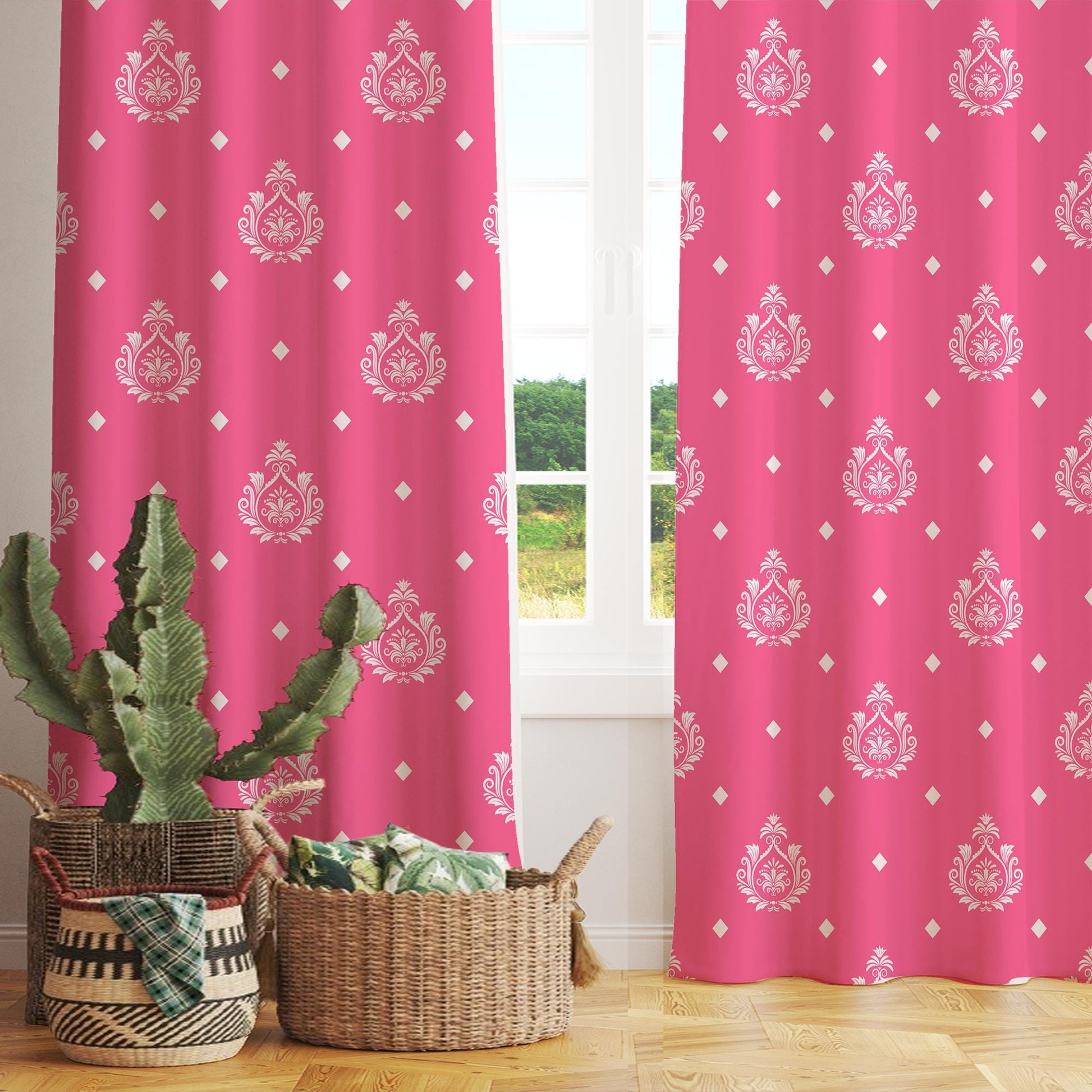 Pink White Damask Curtains Custom Size Decorative Figure Girls Room Window Drapes & Pillow Case Gift