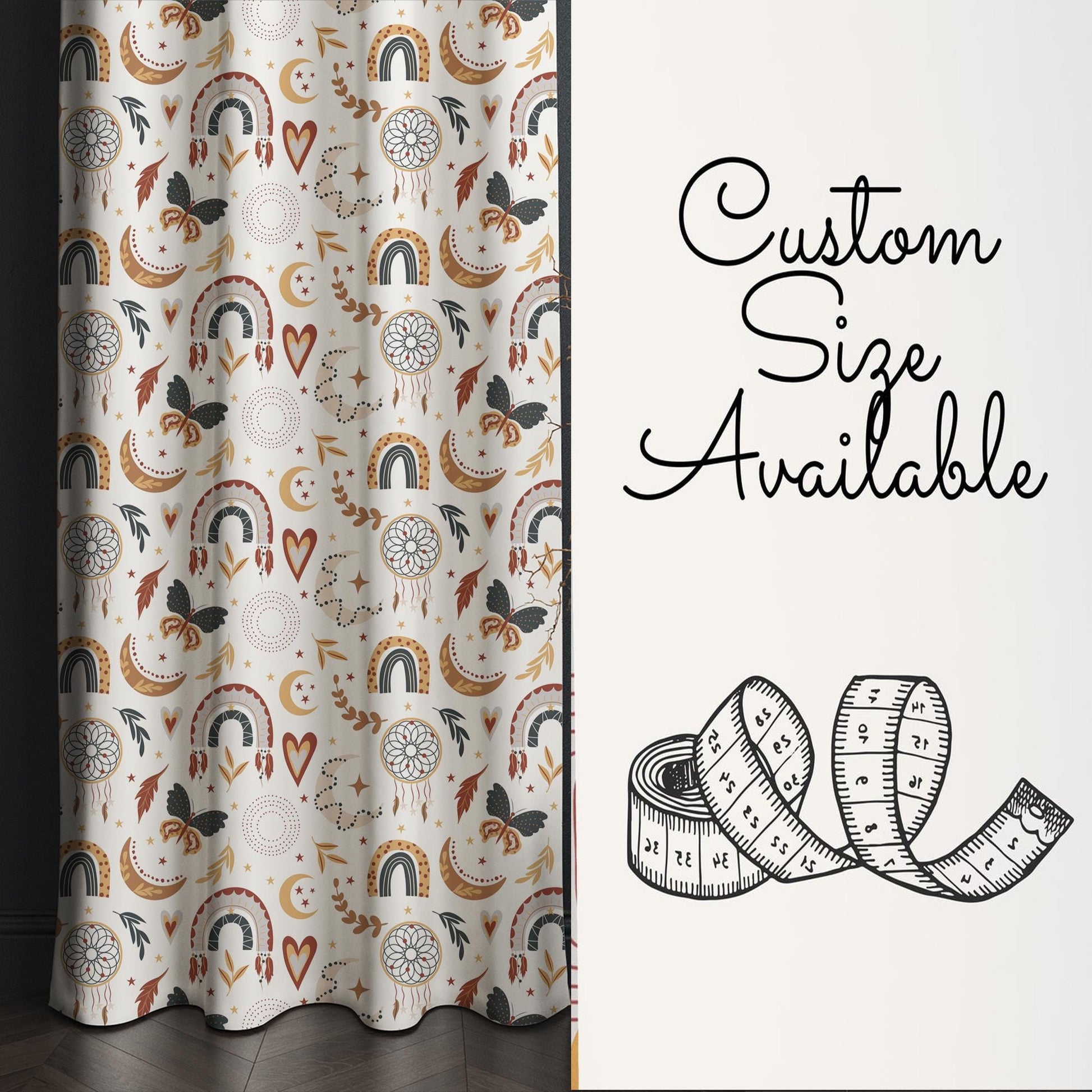 Bohemian Dream Catcher Curtains for Nursery Kids Room – Rainbow Hearts, Moon & Leaves Theme, Custom Size Drapes, Pillow Case Gift