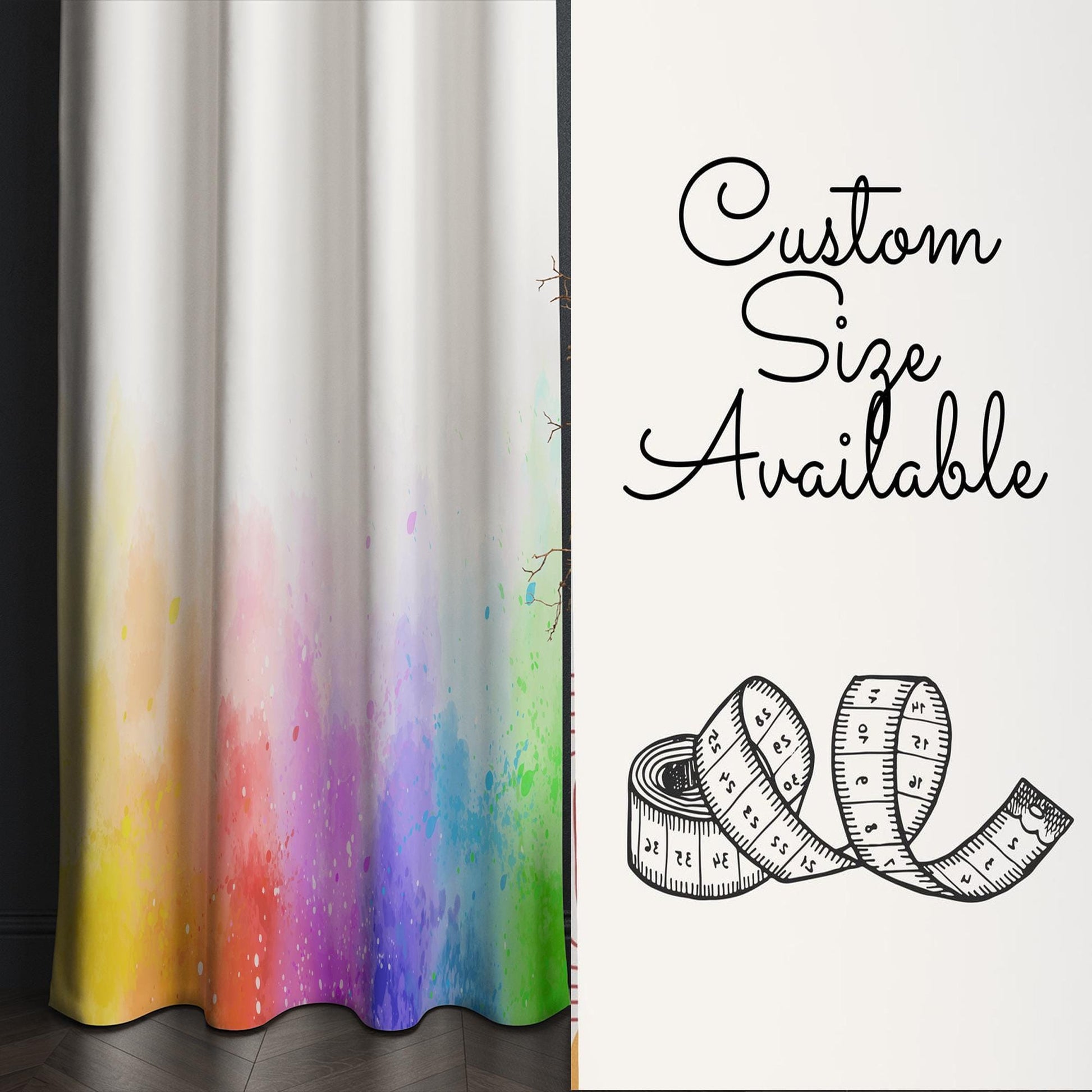Rainbow Nursery Curtains for Girls Kids, Custom Size Window Drapes & Matching Gift Pillow Case, Colorful Watercolor Kids Room Decor
