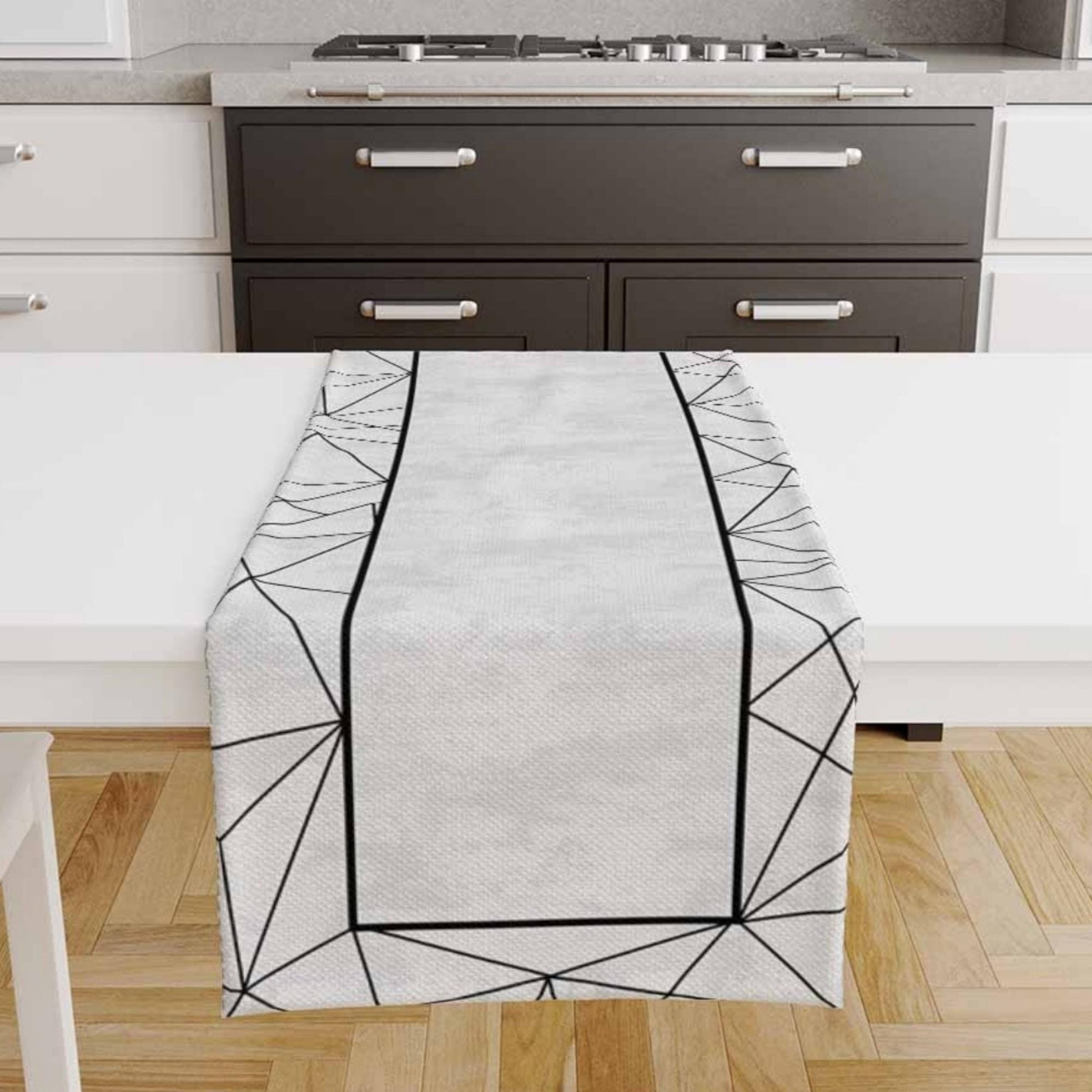 Table Runner Black Gray Geometric Lines Pattern, Dining Room Decor, Traditional Textile Accent for Dining Home
