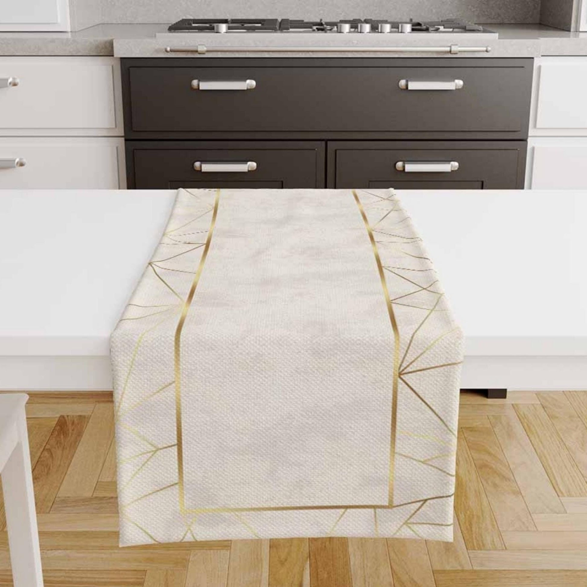 Table Runner Cream Gold Yellow Geometric Greek Border Lines Pattern, Dining Room Decor, Traditional Textile Accent for Dining Home