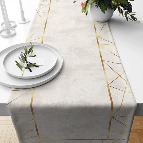 Table Runner Cream Gold Yellow Geometric Greek Border Lines Pattern, Dining Room Decor, Traditional Textile Accent for Dining Home