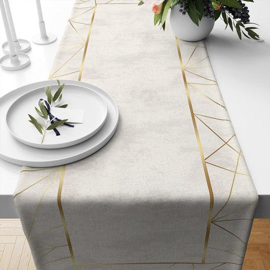 Table Runner Cream Gold Yellow Geometric Greek Border Lines Pattern, Dining Room Decor, Traditional Textile Accent for Dining Home