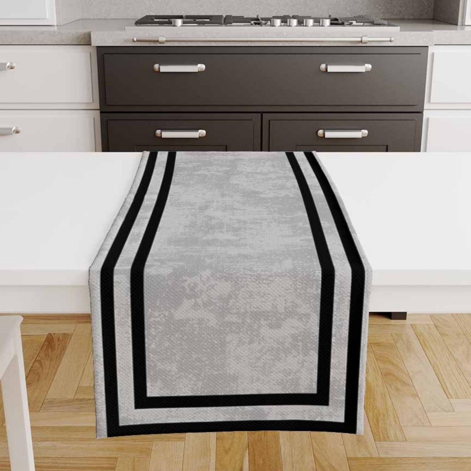 Table Runner Gray Watercolor Geometric Black Border Lines, Traditional Dining Room Decor, Textile Accent for Home Table