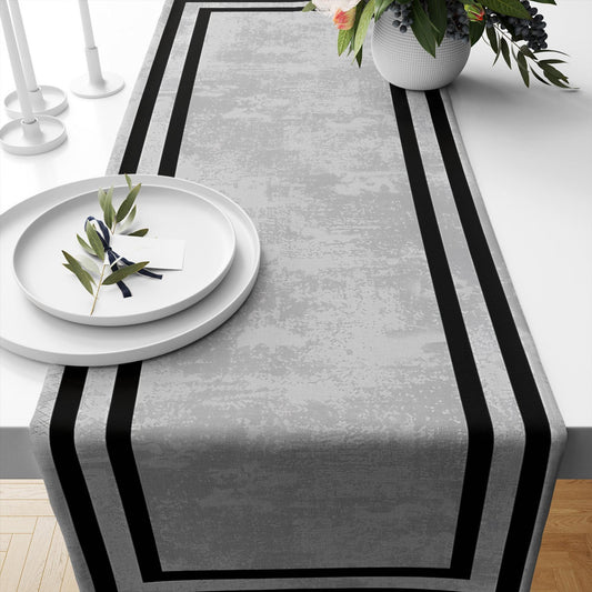 Table Runner Gray Watercolor Geometric Black Border Lines, Traditional Dining Room Decor, Textile Accent for Home Table