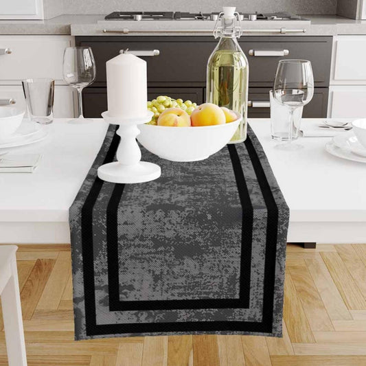 Table Runner Dark Gray Watercolor Geometric Black Border Lines, Traditional Dining Room Decor, Textile Accent for Home Table