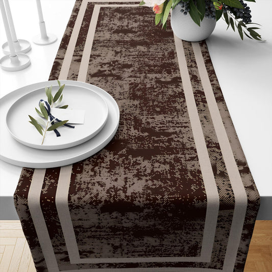 Table Runner Dark Brown Watercolor Geometric Cream Border Lines, Traditional Dining Room Decor, Textile Accent for Home Table