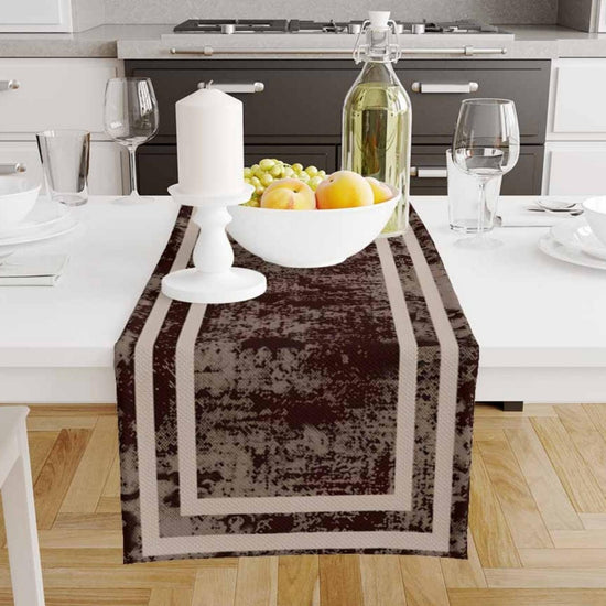 Table Runner Dark Brown Watercolor Geometric Cream Border Lines, Traditional Dining Room Decor, Textile Accent for Home Table