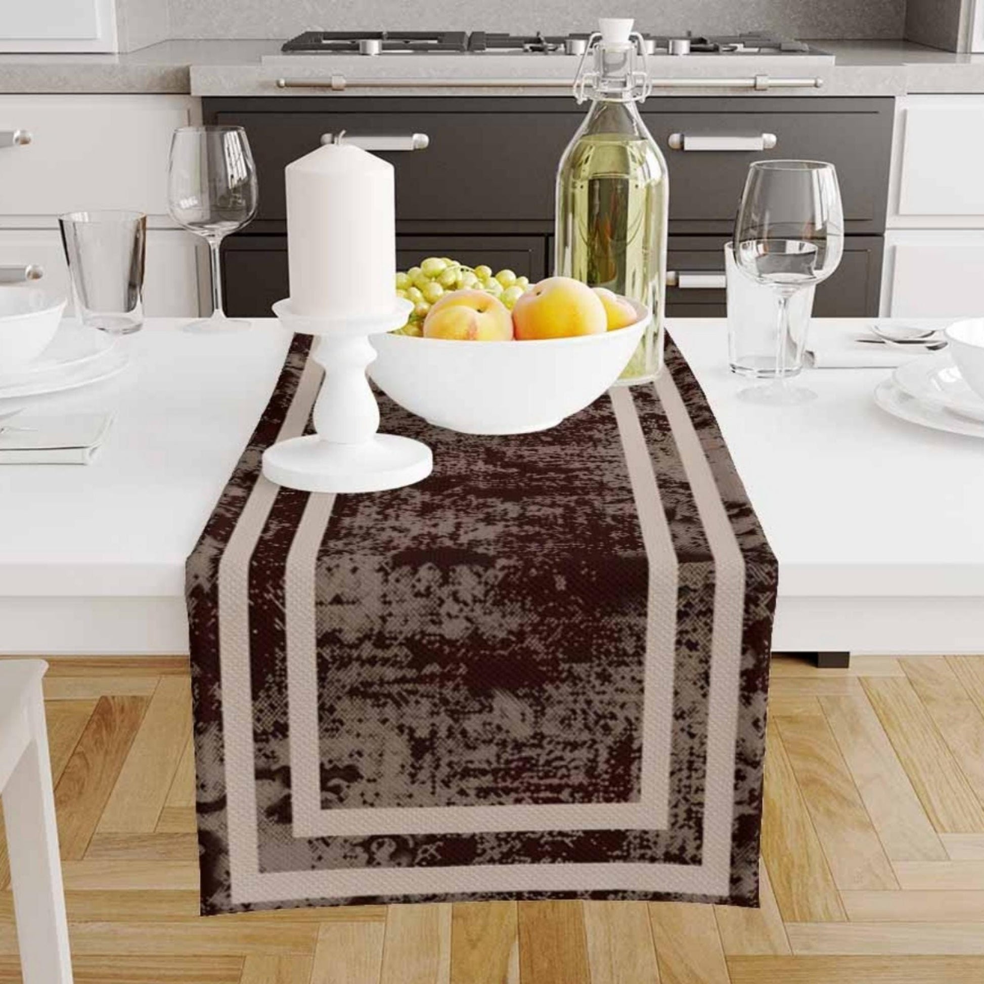 Table Runner Dark Brown Watercolor Geometric Cream Border Lines, Traditional Dining Room Decor, Textile Accent for Home Table