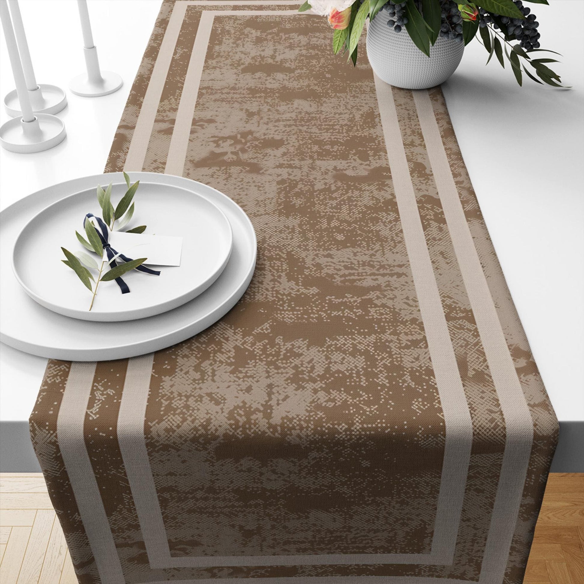 Table Runner Brown Watercolor Geometric Cream Border Lines, Traditional Dining Room Decor, Textile Accent for Home Table