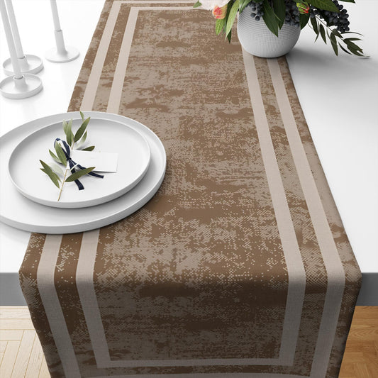Table Runner Brown Watercolor Geometric Cream Border Lines, Traditional Dining Room Decor, Textile Accent for Home Table
