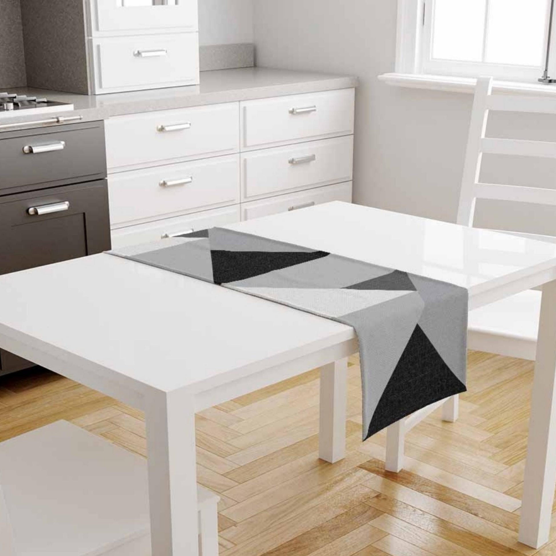 Table Runner Gray Black White Triangles Geometric Patchwork, Traditional Dining Room Decor, Textile Accent for Home Table