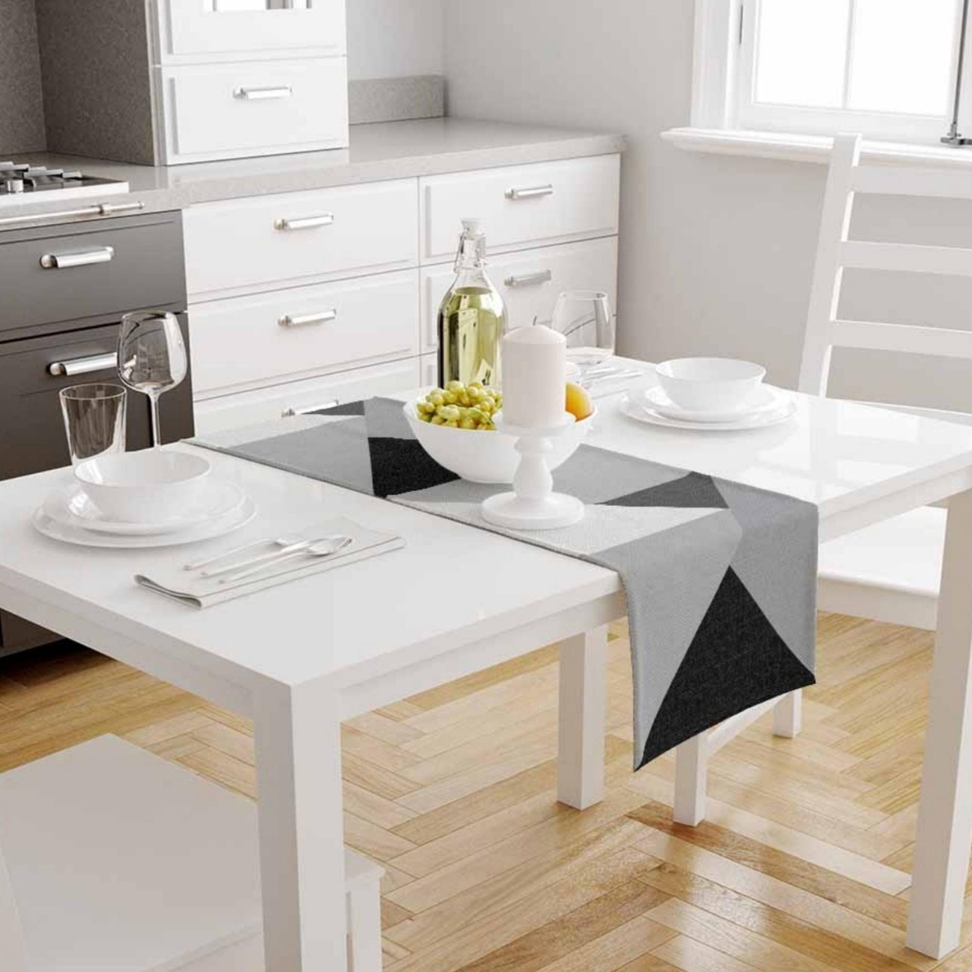 Table Runner Gray Black White Triangles Geometric Patchwork, Traditional Dining Room Decor, Textile Accent for Home Table