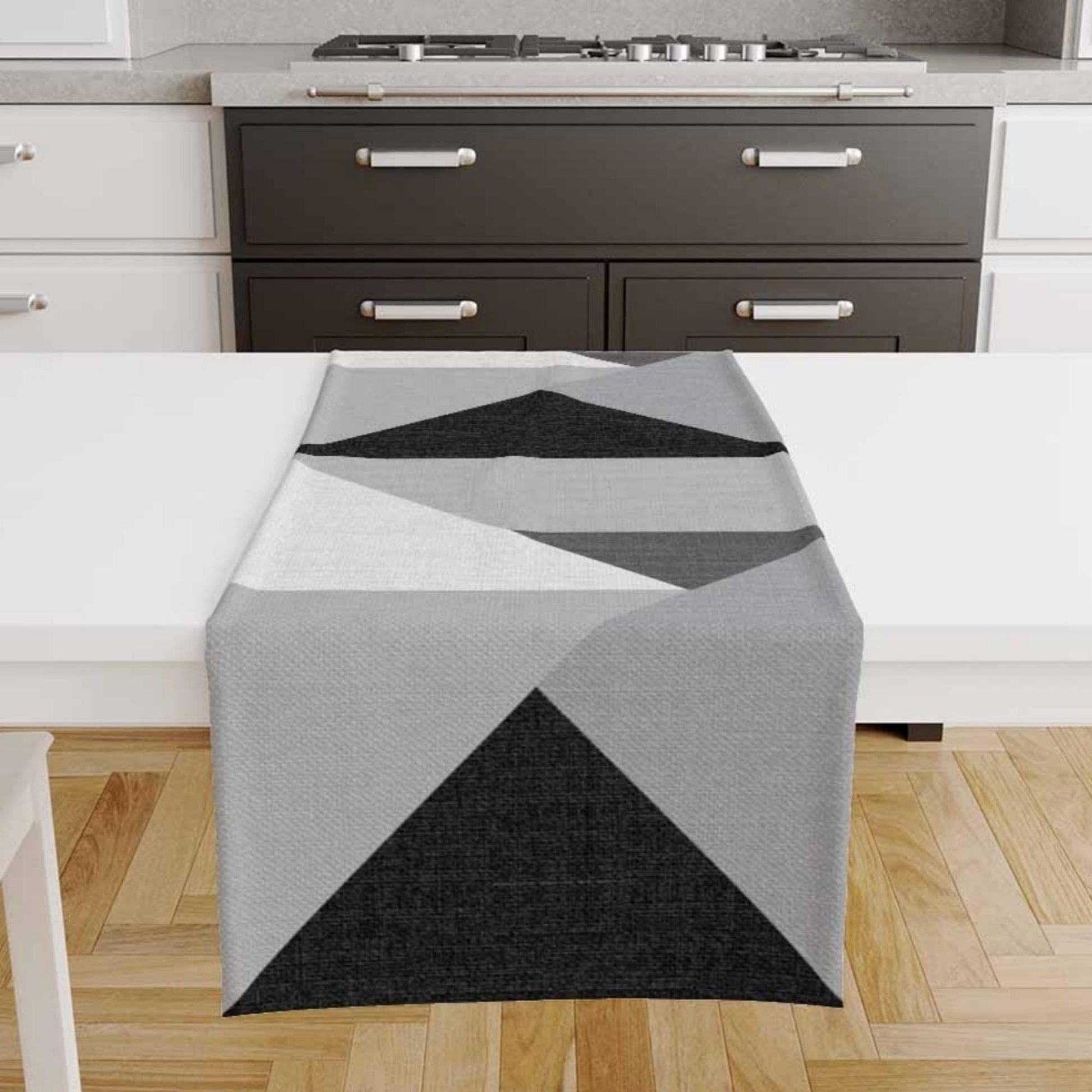 Table Runner Gray Black White Triangles Geometric Patchwork, Traditional Dining Room Decor, Textile Accent for Home Table