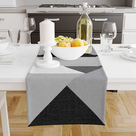 Table Runner Gray Black White Triangles Geometric Patchwork, Traditional Dining Room Decor, Textile Accent for Home Table