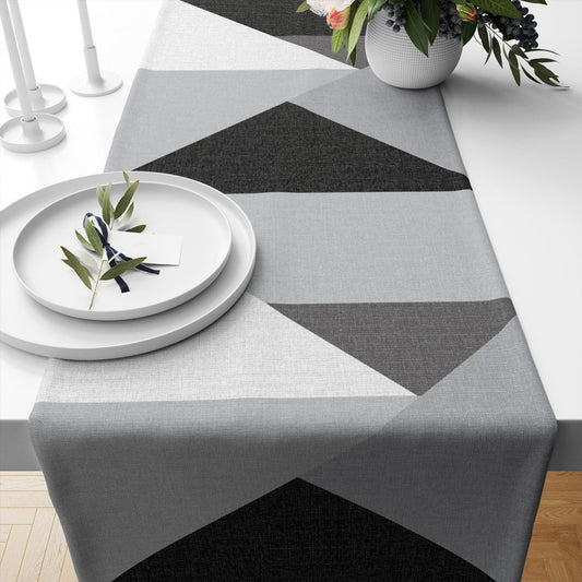 Table Runner Gray Black White Triangles Geometric Patchwork, Traditional Dining Room Decor, Textile Accent for Home Table