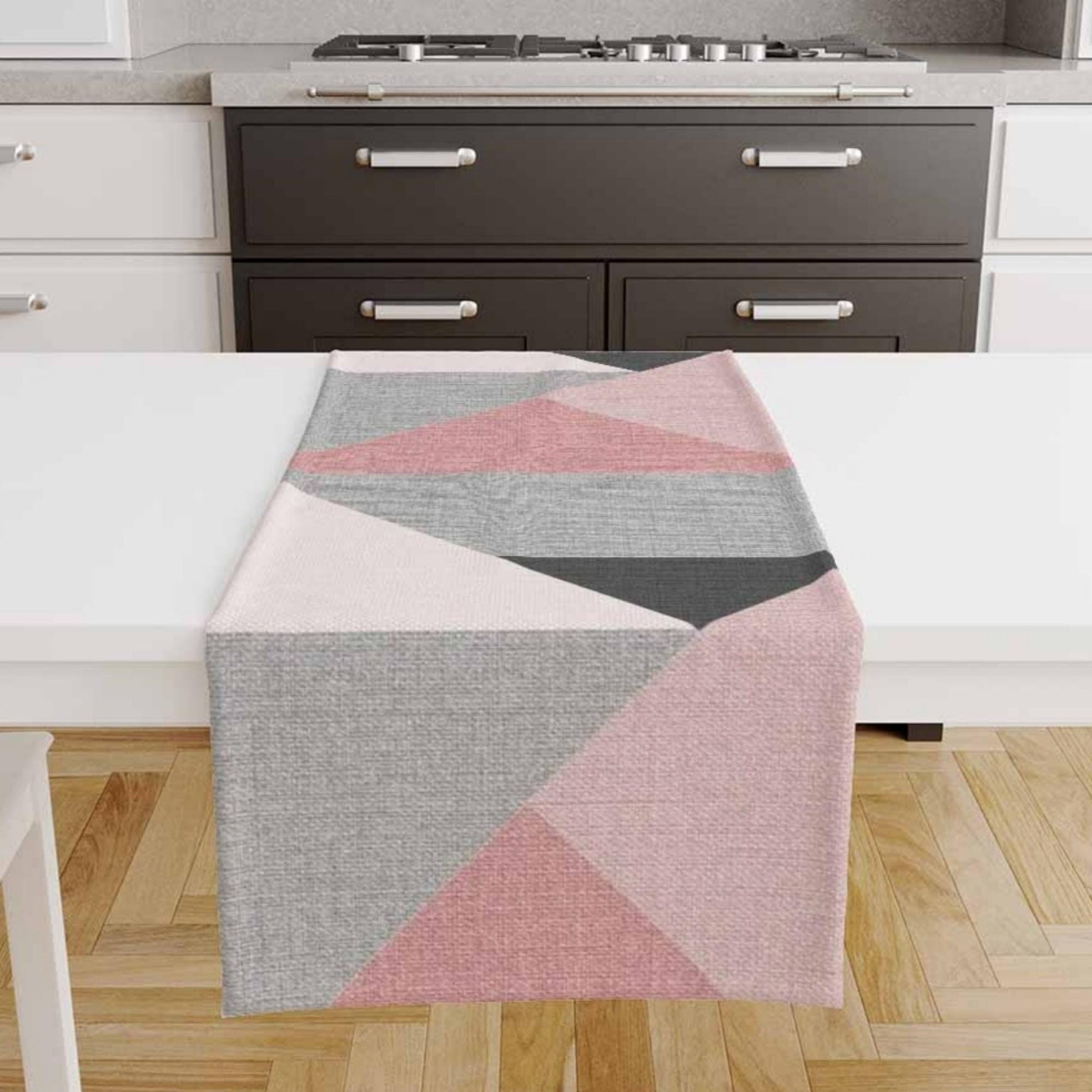 Table Runner Pink Gray Black Triangles Geometric Patchwork Nordic Style, Traditional Dining Room Decor, Textile Accent for Home Table
