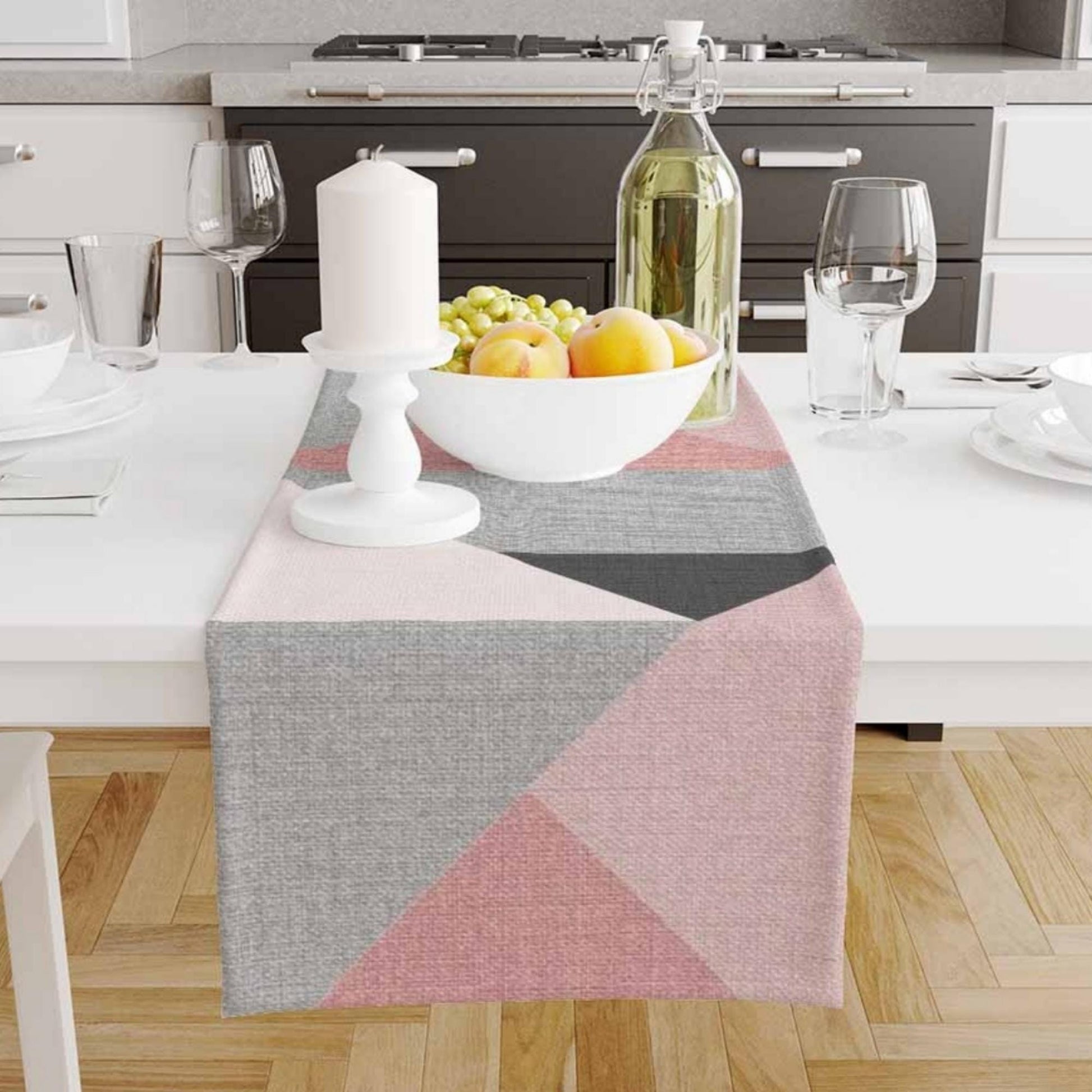 Table Runner Pink Gray Black Triangles Geometric Patchwork Nordic Style, Traditional Dining Room Decor, Textile Accent for Home Table