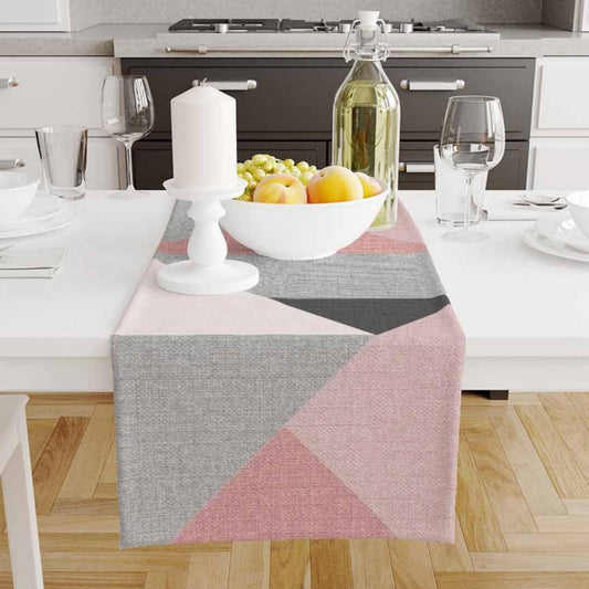 Table Runner Pink Gray Black Triangles Geometric Patchwork Nordic Style, Traditional Dining Room Decor, Textile Accent for Home Table