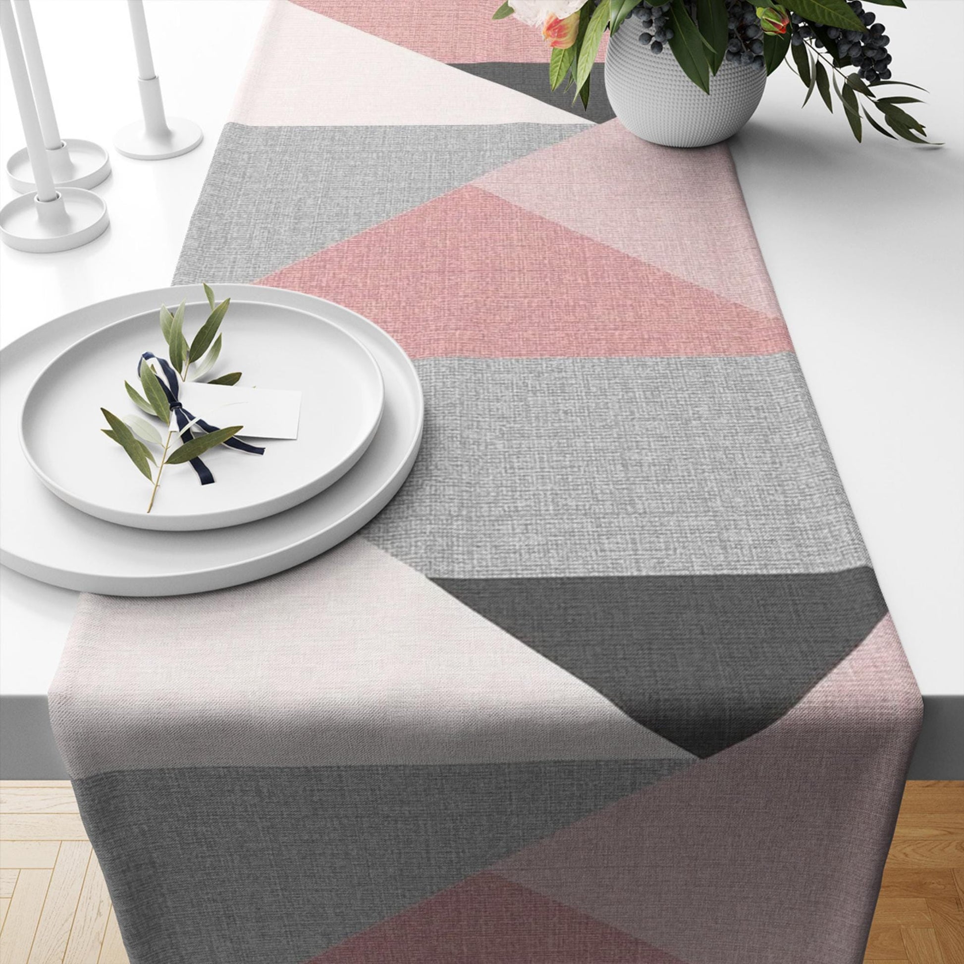 Table Runner Pink Gray Black Triangles Geometric Patchwork Nordic Style, Traditional Dining Room Decor, Textile Accent for Home Table
