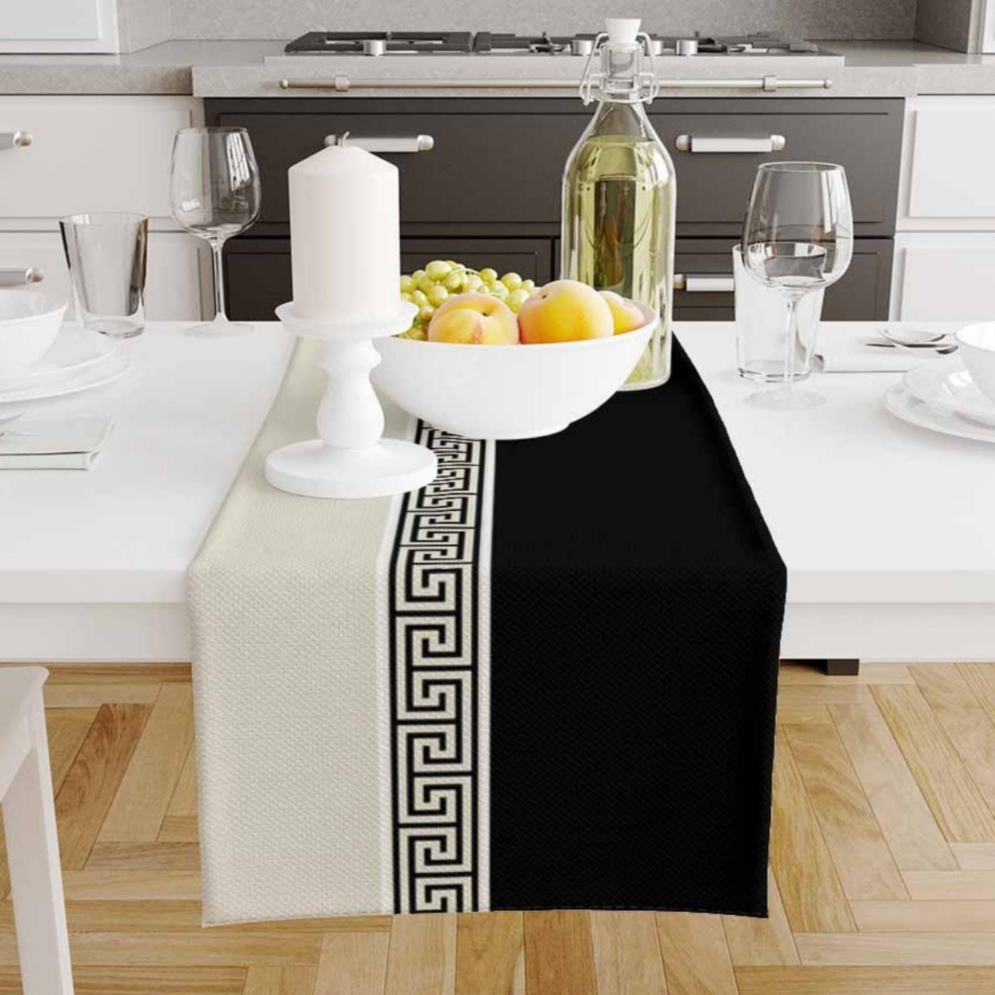 Table Runner Black Cream Greek Key Pattern Traditional Dining Room Decor Textile Accent