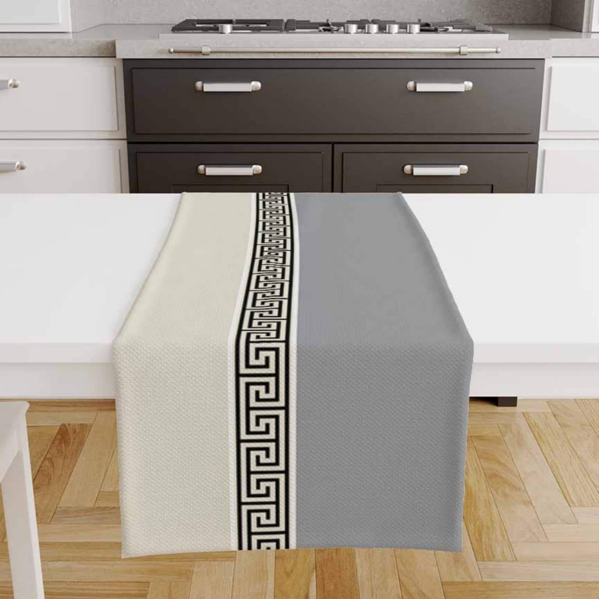 Table Runner Gray Cream Greek Key Pattern Modern Traditional Dining Room Decor Textile Accent