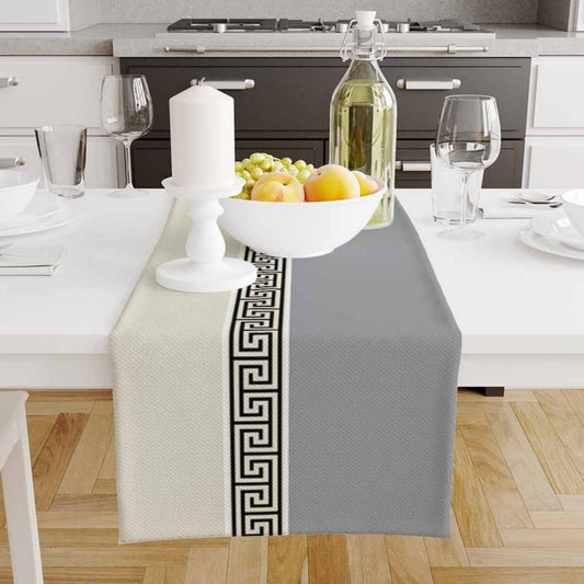 Table Runner Gray Cream Greek Key Pattern Modern Traditional Dining Room Decor Textile Accent
