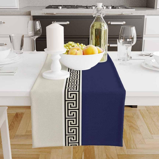 Table Runner Navy Blue Greek Key Pattern Modern Traditional Dining Room Decor Textile Accent
