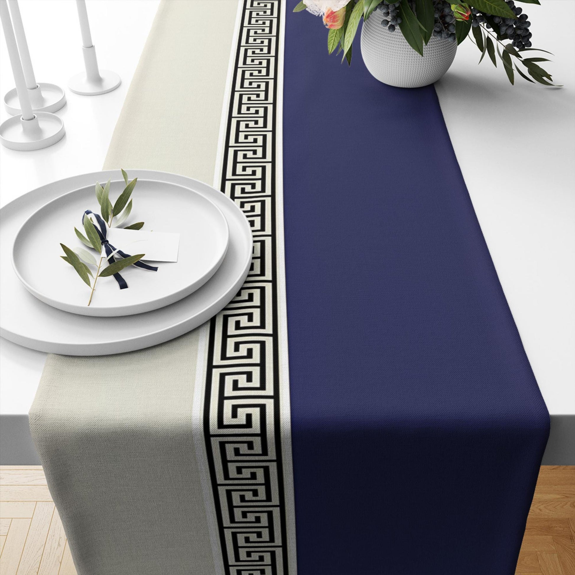 Table Runner Navy Blue Greek Key Pattern Modern Traditional Dining Room Decor Textile Accent