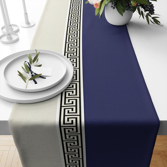 Table Runner Navy Blue Greek Key Pattern Modern Traditional Dining Room Decor Textile Accent