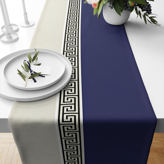 Table Runner Navy Blue Greek Key Pattern Modern Traditional Dining Room Decor Textile Accent