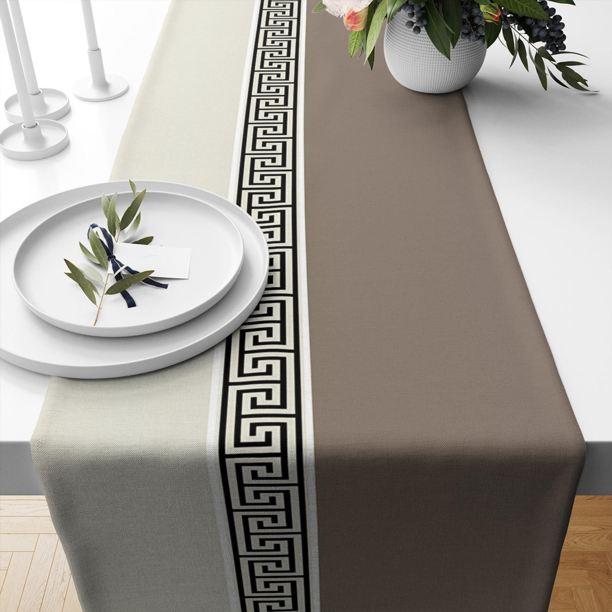 Table Runner Cream Brown Greek Key Pattern Modern Traditional Dining Room Decor Textile Accent