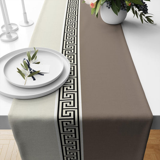 Table Runner Cream Brown Greek Key Pattern Modern Traditional Dining Room Decor Textile Accent