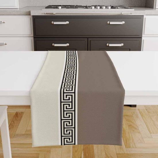 Table Runner Cream Brown Greek Key Pattern Modern Traditional Dining Room Decor Textile Accent