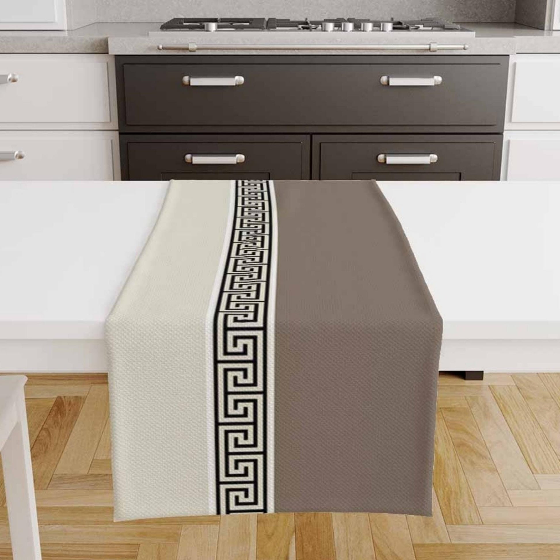 Table Runner Cream Brown Greek Key Pattern Modern Traditional Dining Room Decor Textile Accent