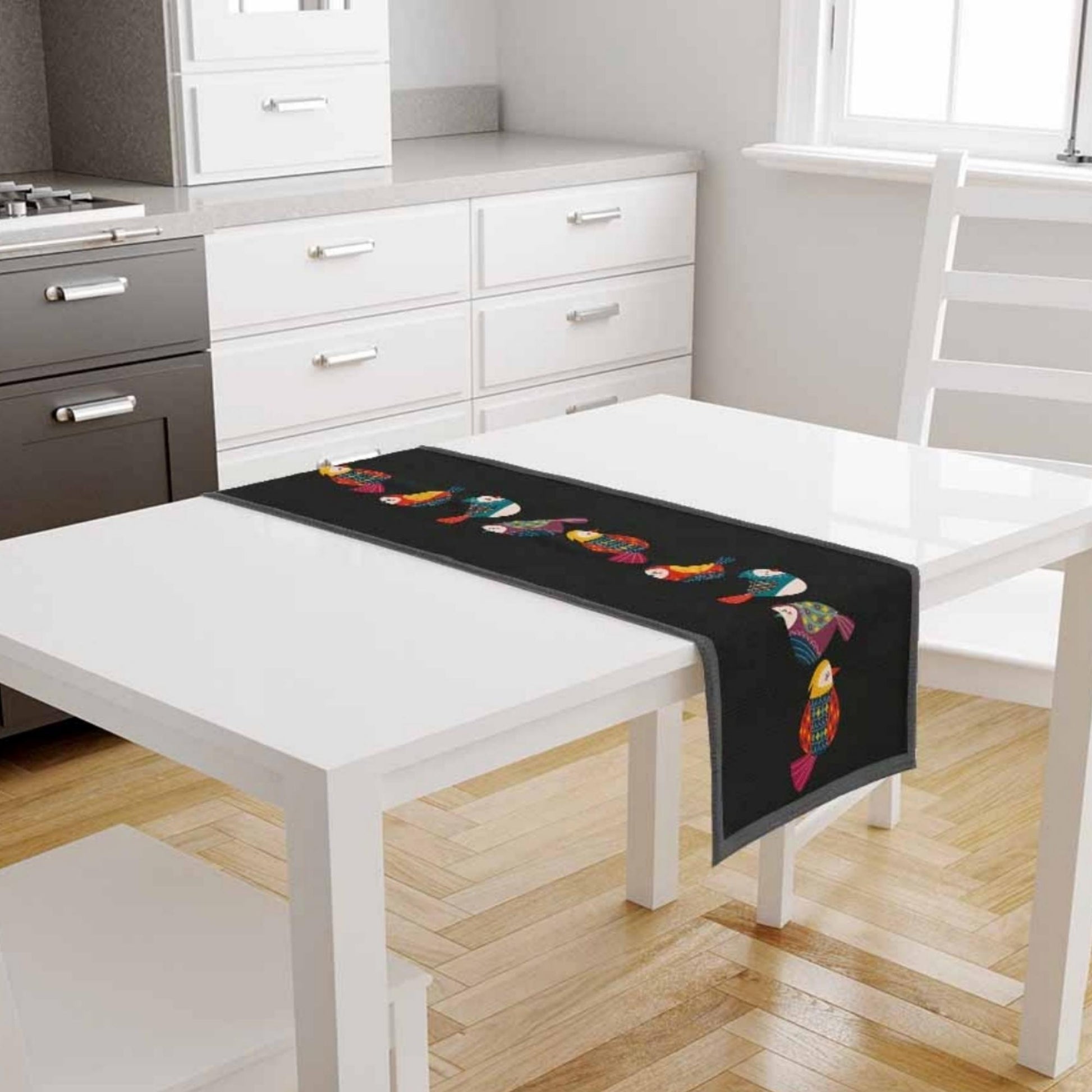 Table Runner Colorful Birds Design on Black Background Pattern Modern Dining Room Decor Textile Accent