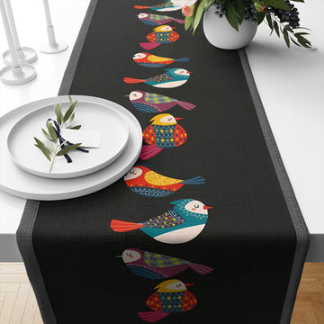 Table Runner Colorful Birds Design on Black Background Pattern Modern Dining Room Decor Textile Accent