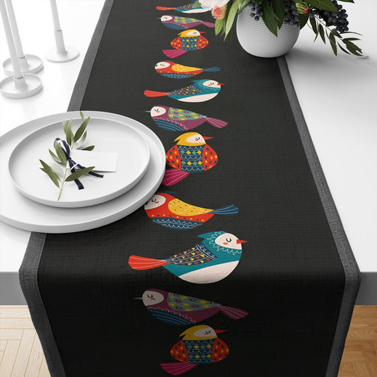 Table Runner Colorful Birds Design on Black Background Pattern Modern Dining Room Decor Textile Accent