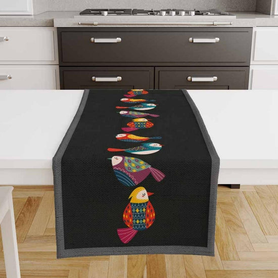 Table Runner Colorful Birds Design on Black Background Pattern Modern Dining Room Decor Textile Accent