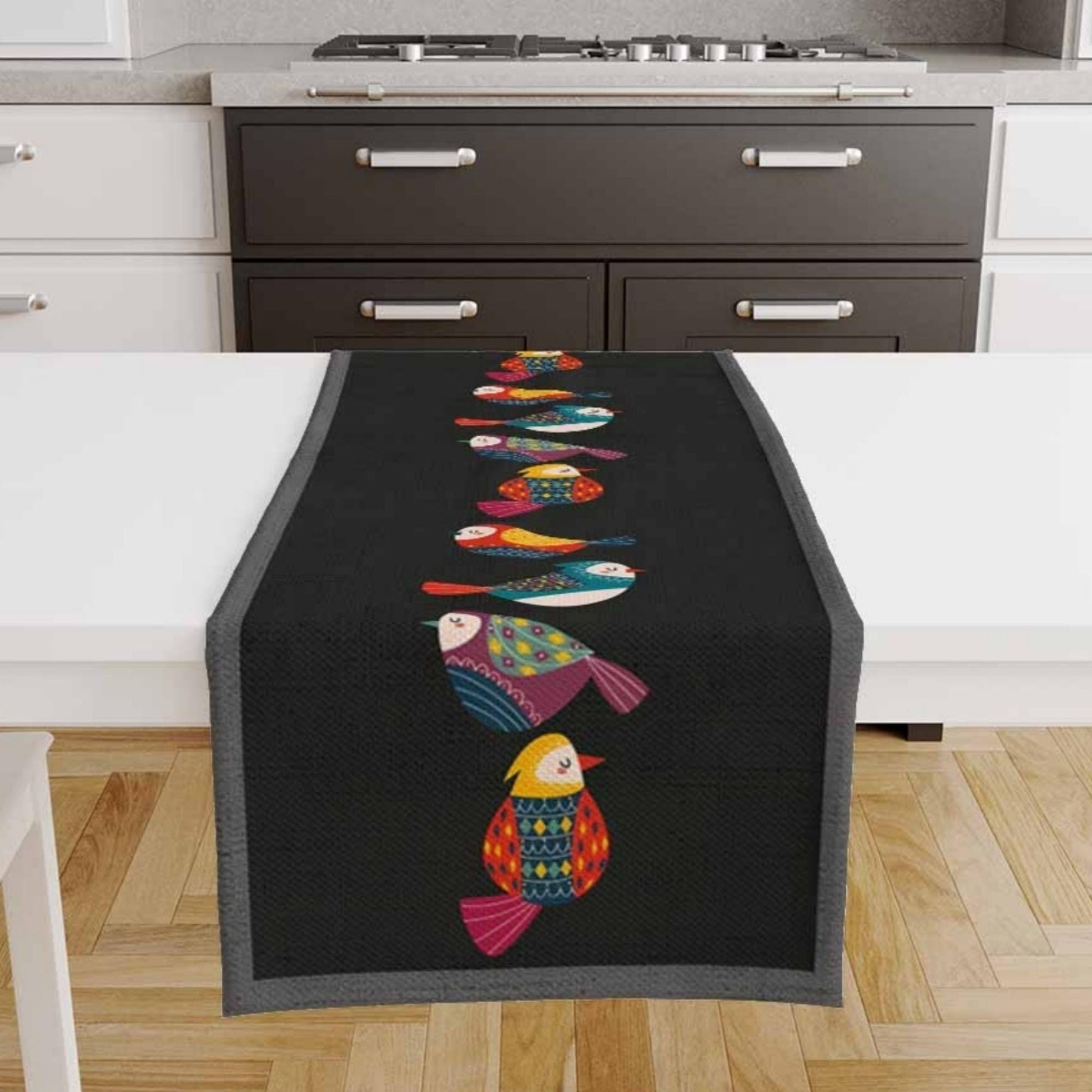 Table Runner Colorful Birds Design on Black Background Pattern Modern Dining Room Decor Textile Accent