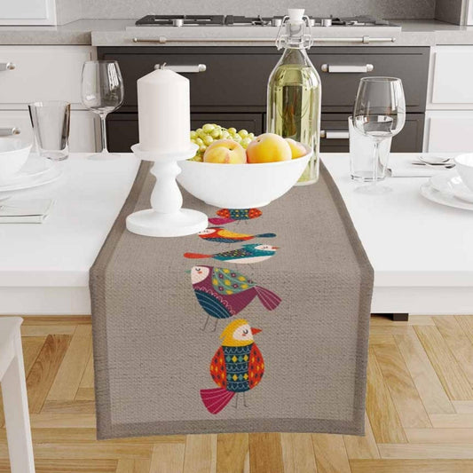 Table Runner Colorful Birds Design on Brown Background Pattern Modern Dining Room Decor Textile Accent