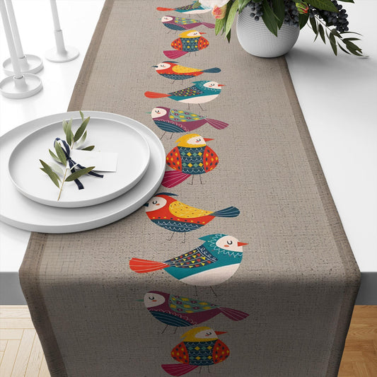 Table Runner Colorful Birds Design on Brown Background Pattern Modern Dining Room Decor Textile Accent