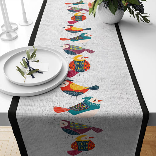 Table Runner Colorful Birds Design on Gray Background Pattern Modern Dining Room Decor Textile Accent