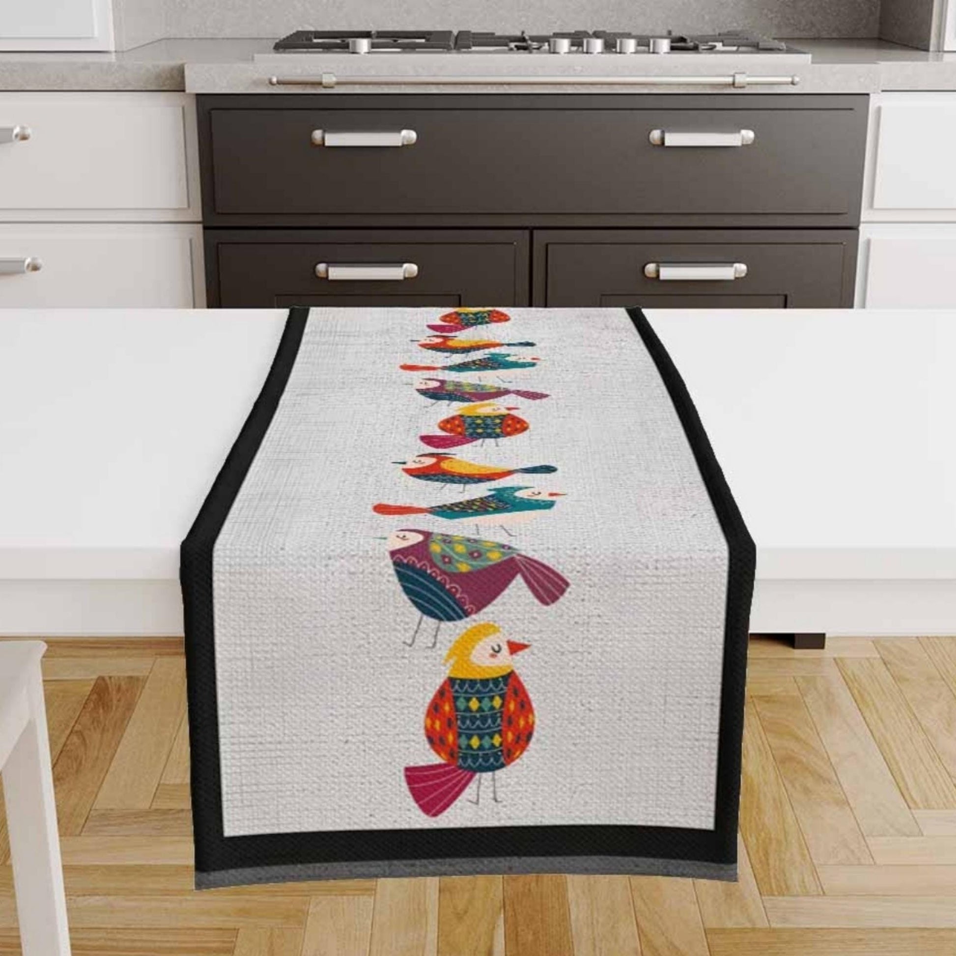 Table Runner Colorful Birds Design on Gray Background Pattern Modern Dining Room Decor Textile Accent