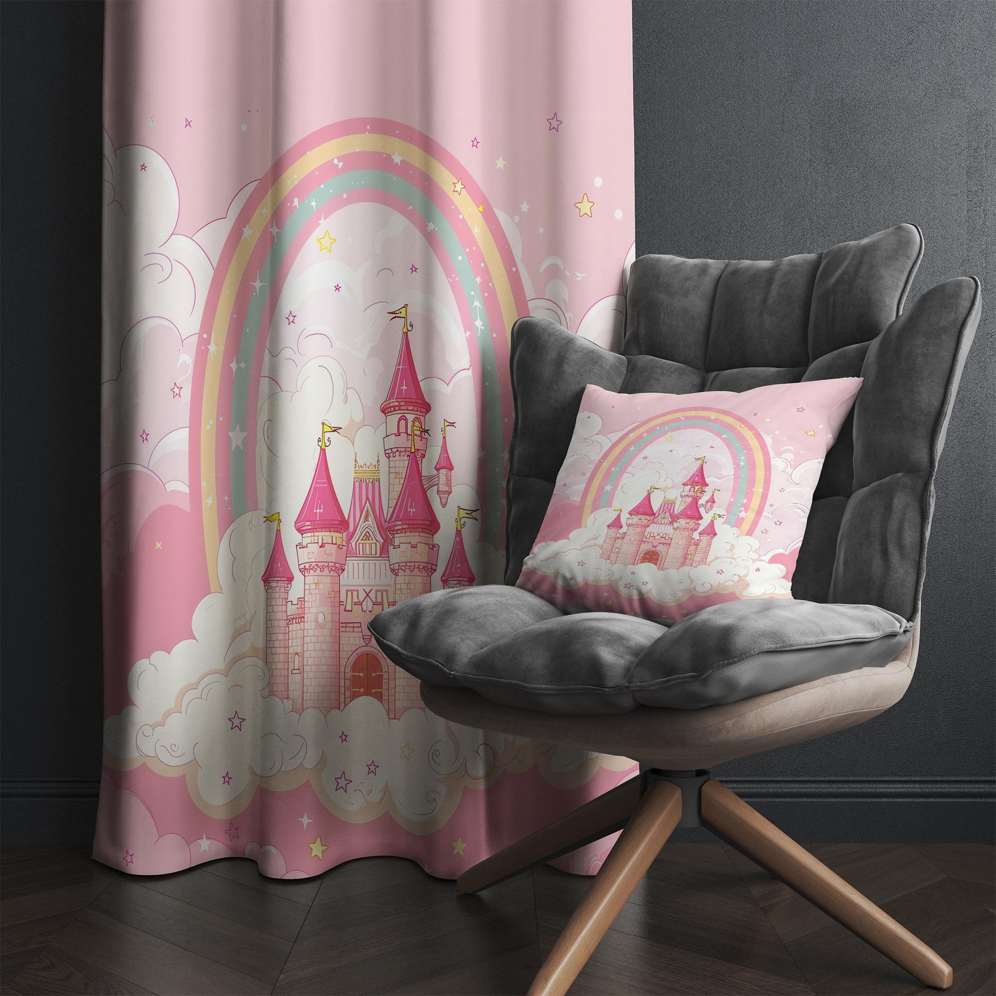 Pink Princess Castle Curtains for Girls Bedroom, Custom Size Window Drapes with Rainbow Design, Nursery Decor & Gift Pillow Case