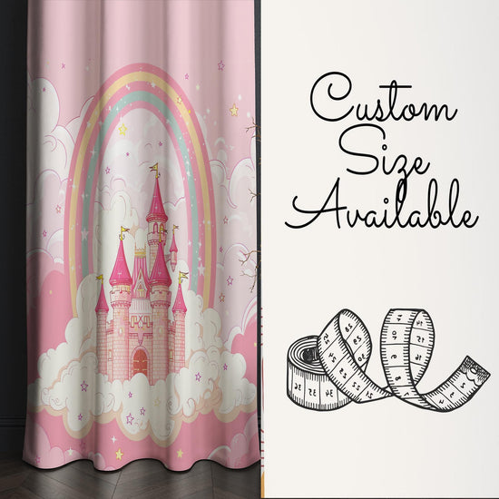 Pink Princess Castle Curtains for Girls Bedroom, Custom Size Window Drapes with Rainbow Design, Nursery Decor & Gift Pillow Case