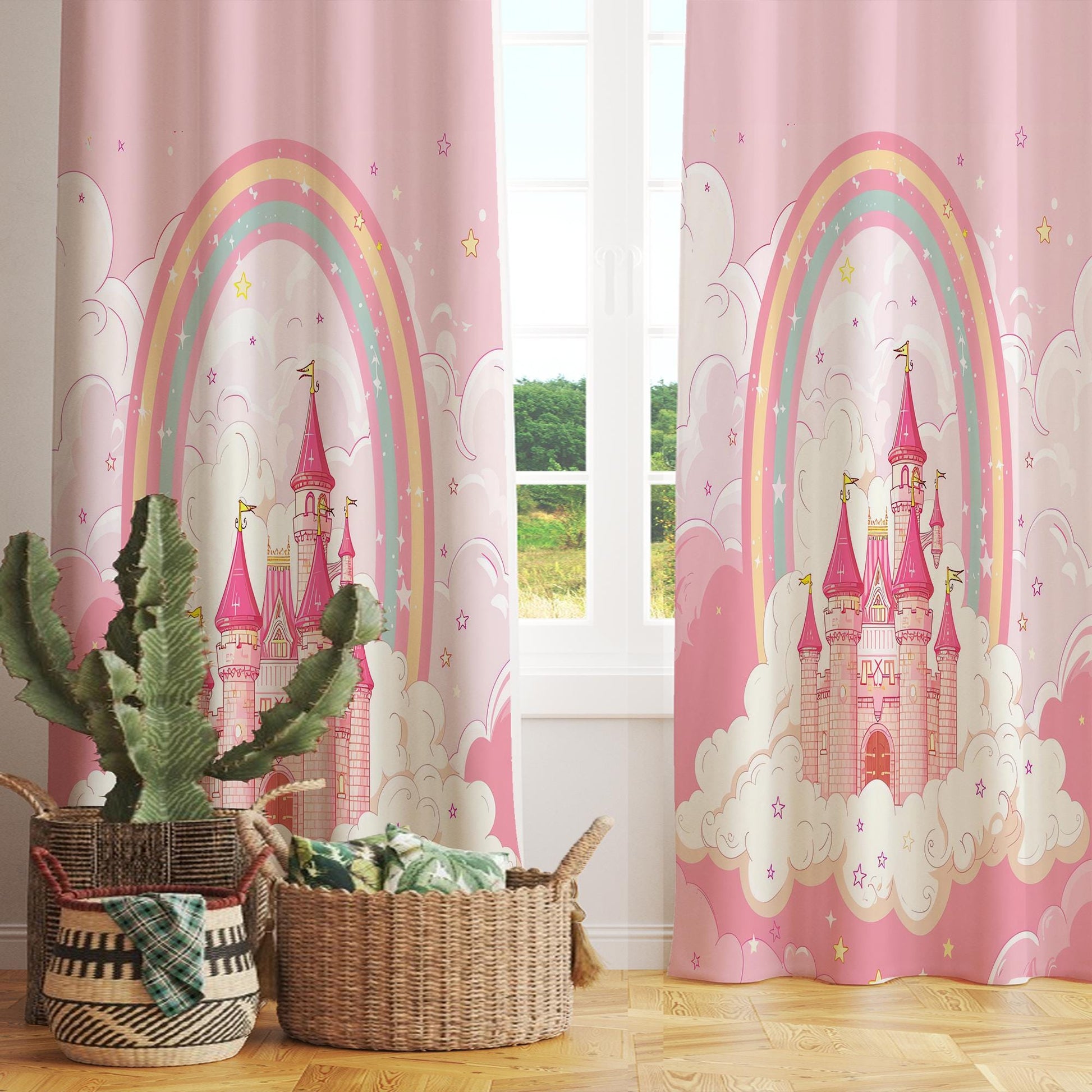 Pink Princess Castle Curtains for Girls Bedroom, Custom Size Window Drapes with Rainbow Design, Nursery Decor & Gift Pillow Case